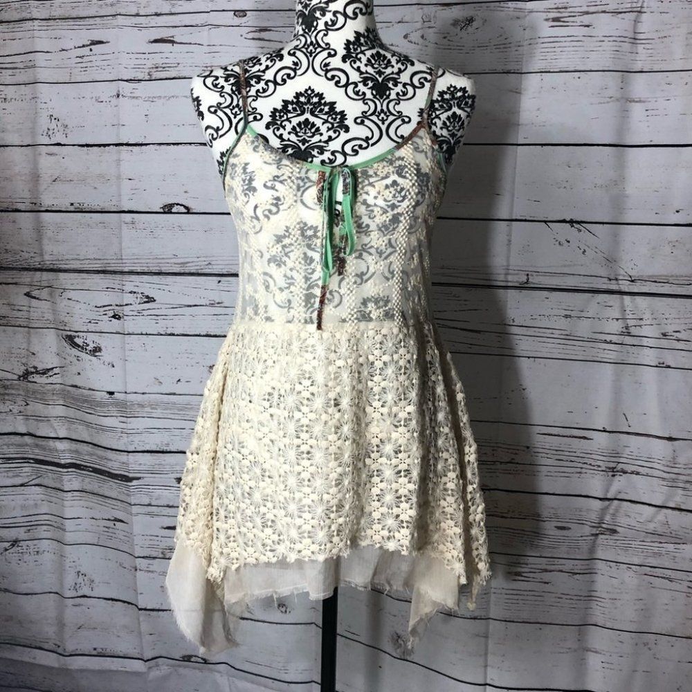 BKE Buckle Lace Long Uneven Boho Tank Top Ivory XS